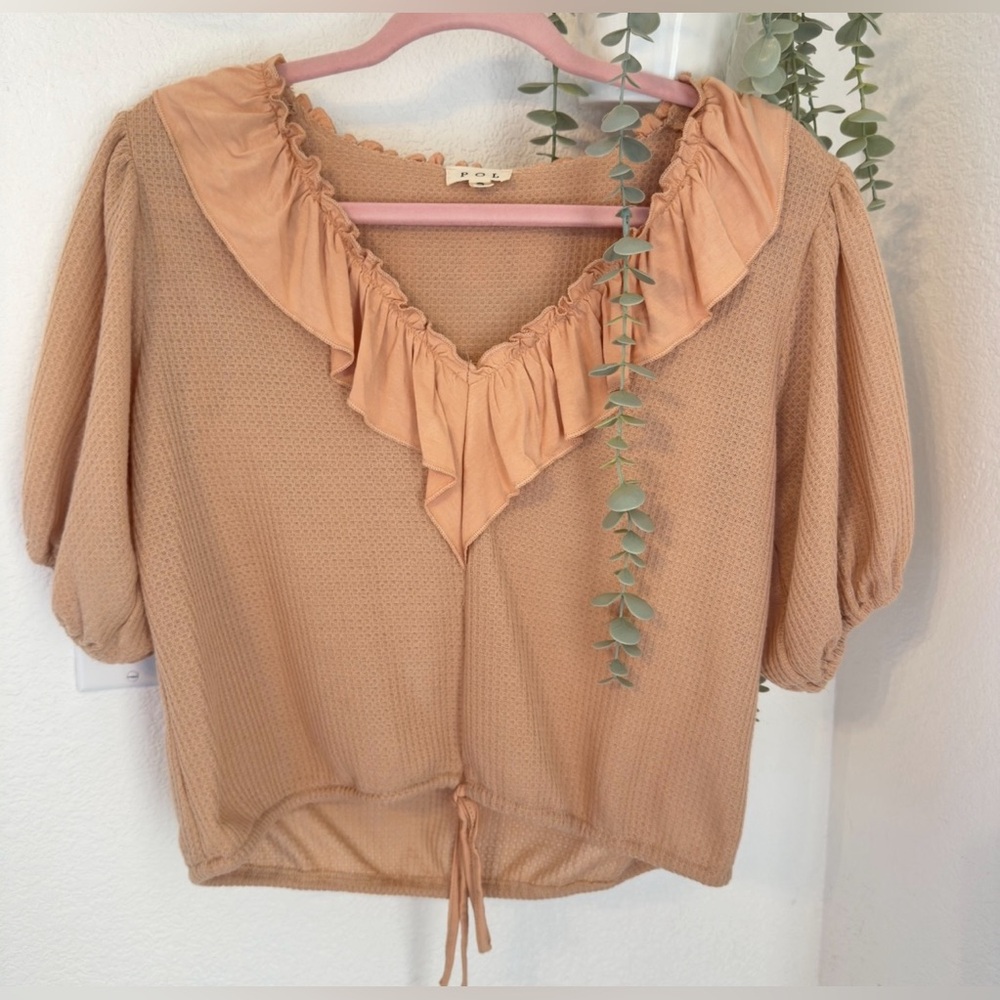 POL Women's Beige Ruffle V-Neck Blouse Small